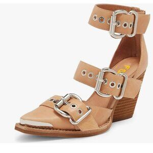 FSJ Light Brown Pointed Toe Metal Buckle Hollow Out Strappy Medium Heel Pumps